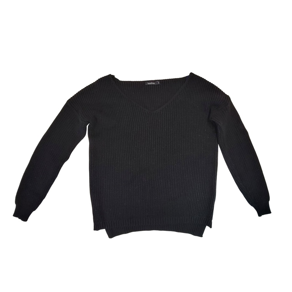 Boohoo Black V Neck Ribbed Knit Pullover Sweater XS
